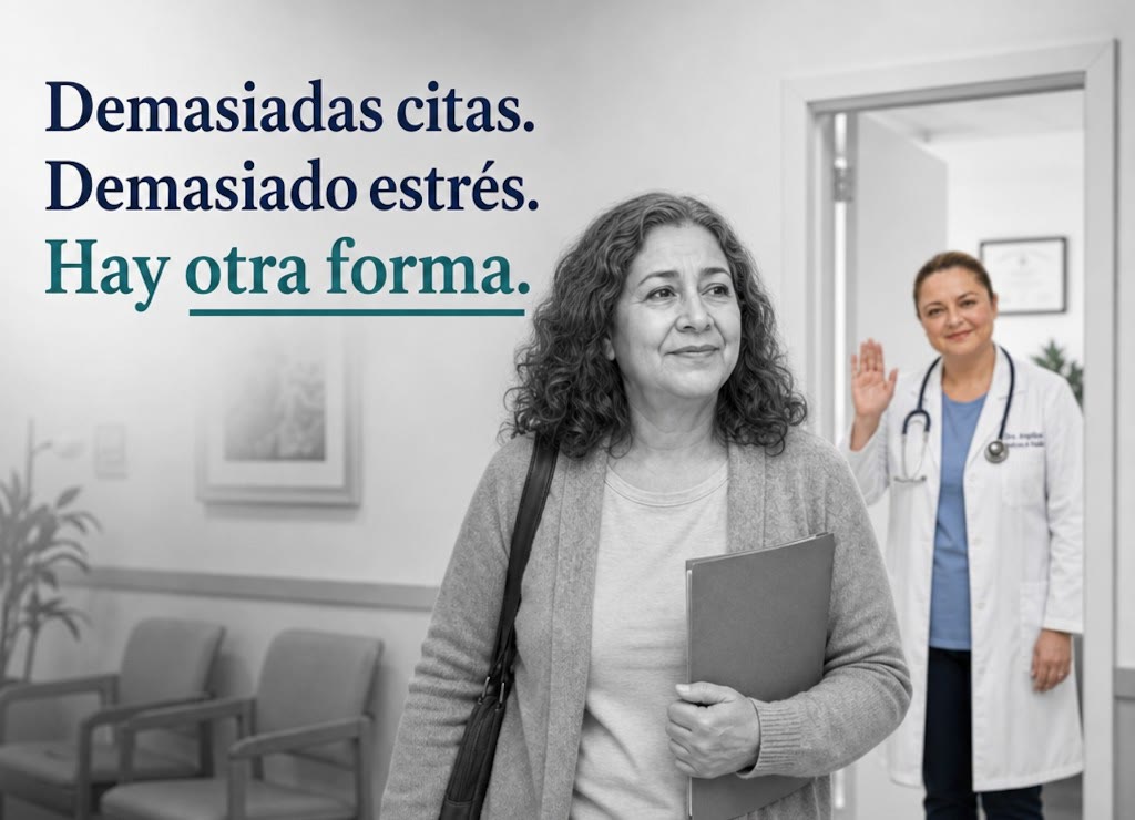 Paciente entrando al consultorio mientras la doctora la recibe con una sonrisa.